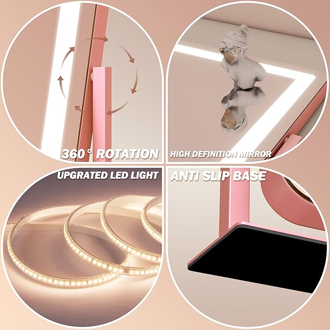 FENNIO Vanity Mirror with Lights 22''x17'' Makeup Mirror,Vanity Mirror Touch Screen with 3-Color Lighting,Dimmable,for Vanity Desk Tabletop(Pink)