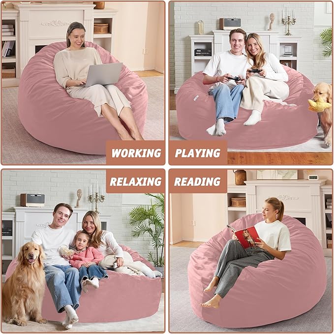 5FT Bean Bag Chair with Ultra Soft Velvet Cover Bean Bag Sofa with Memory Foam Bean Bag Chairs with Large Size Lazy Sofa for Dorm Office Living Room Bedroom Dusty Pink 5'