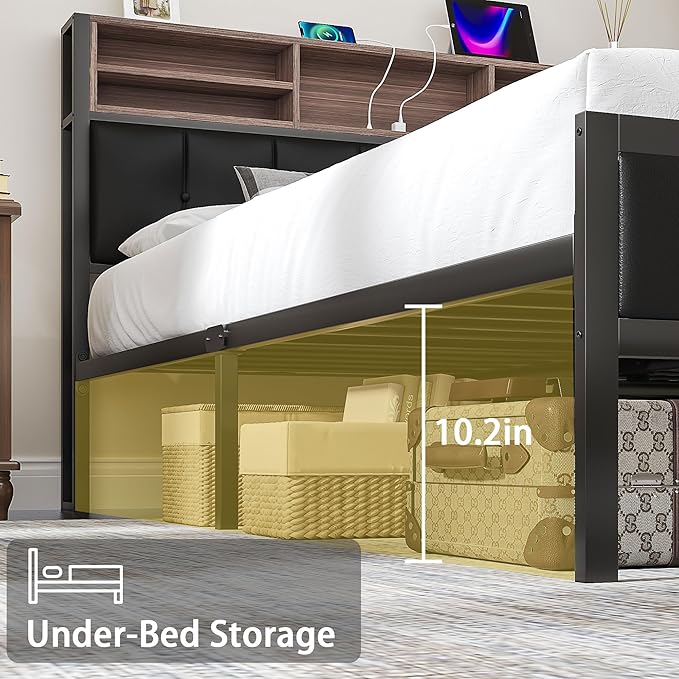 VECELO Farmhouse Metal Bed Frame Full Size with Wooden Headboard & Footboard, Solid Platform Mattress Foundation with Storage, LED Light, Charging Station, USB Ports, Noise-Free, Easy Assembly, Black