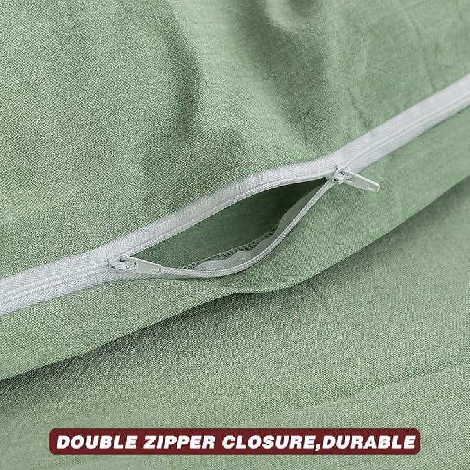 FACE TWO FACE Bedding Duvet Cover Set 3 Pieces 100% Washed Cotton Duvet Cover Linen Like Textured Breathable Durable Soft Comfy (Queen, Green)