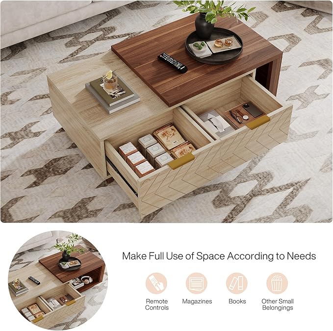 Tribesigns Extendable Coffee Table with 2 Storage Drawers, Dual-Tone Center Table with Sliding Tabletop, Multi-Functional Hidden Storage Wooden Rectangle Cocktail Table for Living Room (Walnut & Oak)