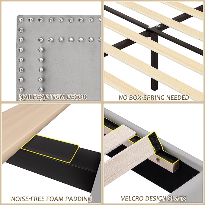 VECELO Full Size Bed Frame with Adjustable Upholstered Headboard, Wooden Slats Platform, Noise-Free Design, No Box Spring Needed, Easy Assembly