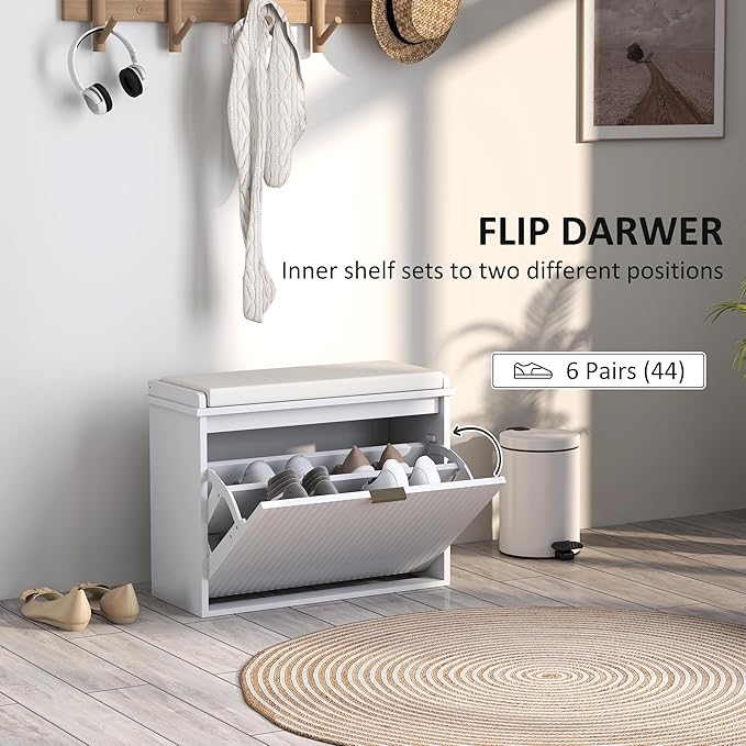HOMCOM Narrow Shoe Bench with Padded Seat Cushion and Flip-Drawer, Small Entryway Bench Holds up to 265lb, Shoe Cabinet, 24.4x10.2x18.7 Inches, White