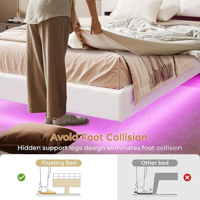 Twin Size Floating Bed Frame with Tufted Storage Headboard, LED Upholstered Platform Bed with 4 Charging Ports, White Pu Leather Floating Bed, Wood Slats, No Box Spring Needed