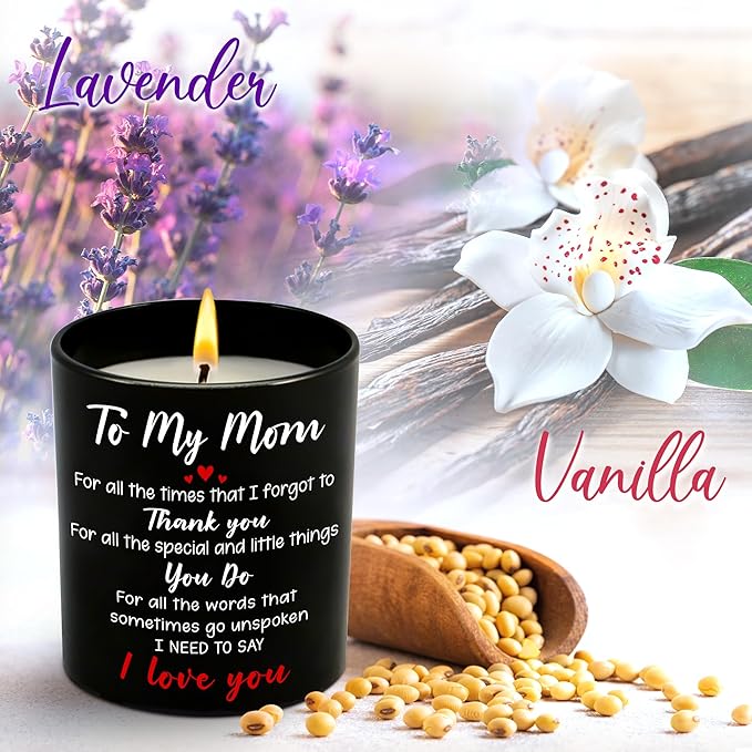 Birthday Gifts for Mom from Daughter Son - Long Lasting Vanilla Lavender Scented Candle 10 oz - Christmas Thank You Gifts for Mother, Mama, Mother in Law, Grandma, I Love You Mom Gift Ideas