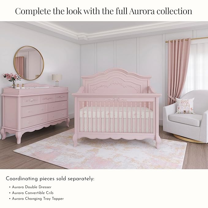 évolur Aurora 5-in-1 Convertible Full-Size Baby Crib in Dusty Rose, GreenGuard Gold & JPMA, 3 Mattress Heights, Ribbon Bow Scrollwork & Queen Anne Feet, Converts to Toddler, Day & Full-Size Bed