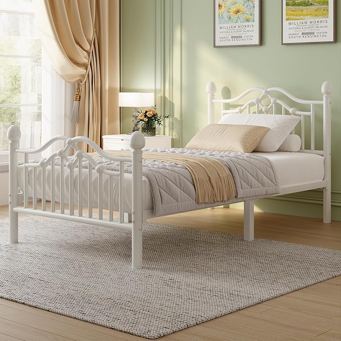 Twin Metal Platform Bed Frame, Bed Frame with Victorian Headboard and Footboard, Strong Metal Slats Support, Mattress Foundation No Box Spring Needed, Easy Assembly, Noise Free, White