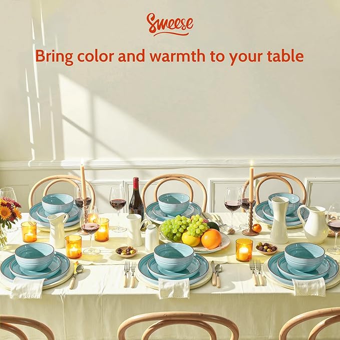 Sweese Plates and Bowls Sets, Porcelain Dinnerware Sets for 6, 18 pcs Handcrafted Glaze Embossed Dinner Set, Scratch Resistant Dishware, Dishwasher Oven Microwave Safe Ceramic Dish Set, Gradient Blue