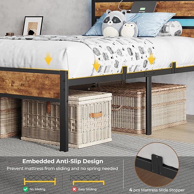 Hasuit Twin Bed Frame with Headboard LED Lights, Twin Size Bed with Charging Station 2-Tier Storage Shelves, Metal Platform Bed with Heavy Duty Slat, Fast Assembly, No Box Spring Needed, Noise Free