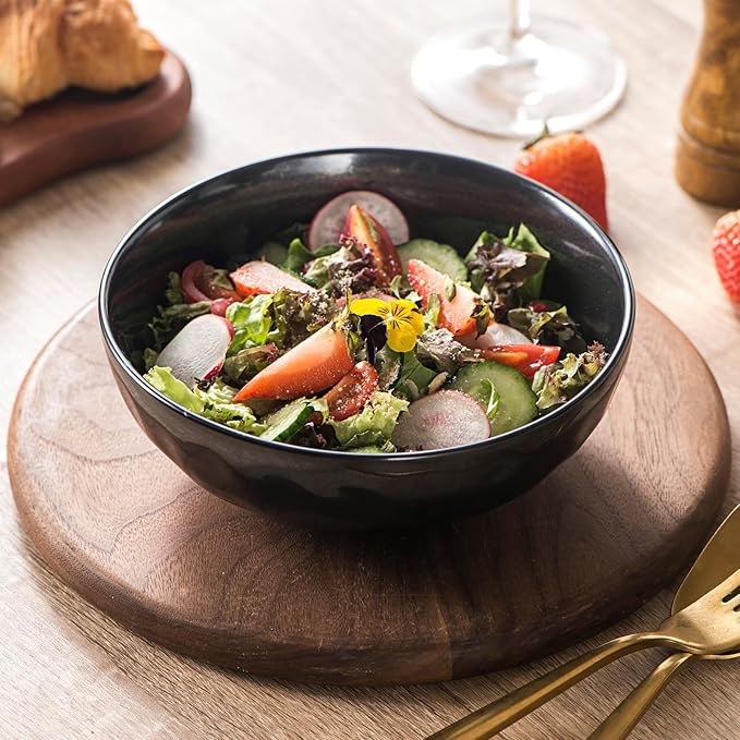 vicrays Ceramic Pasta Bowls Set, 32 Ounce Soup Bowls, Large Salad Bowls, Chip Resistant, Dishwasher Microwave Safe, Fluted stoneware Bowls for Kitchen, Serving Bowls - Set of 6 Black