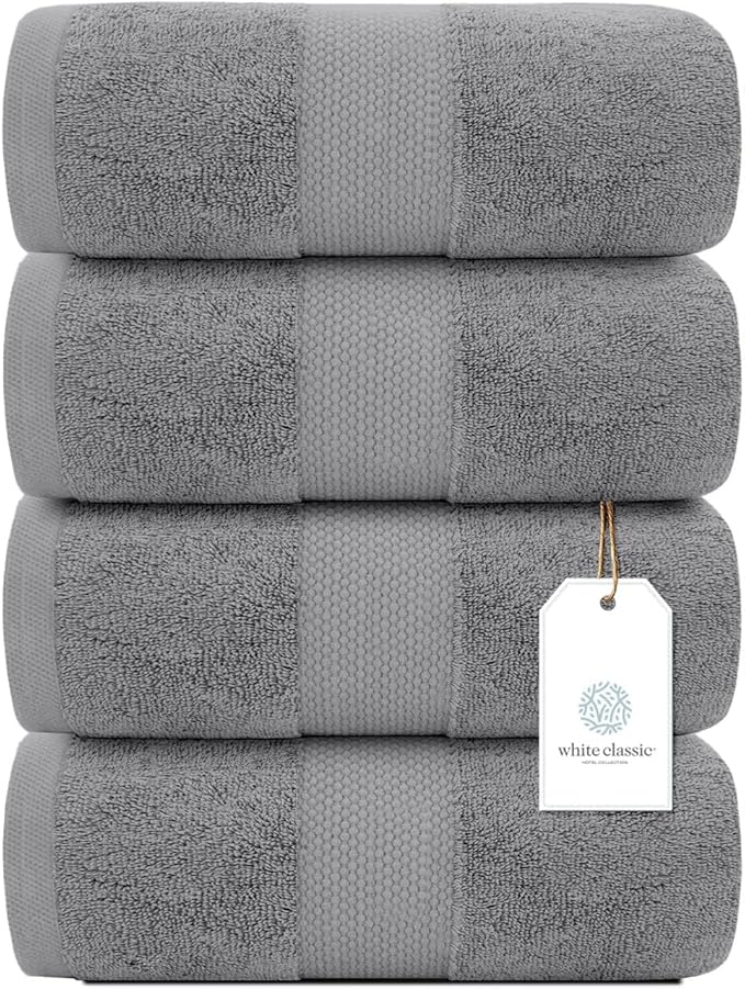 White Classic Luxury Bath Towels Set of 4 Large - 700 GSM Cotton Ultra Soft Bath Towels 27x54 | Highly Absorbent and Quick Dry | Hotel Towels for Bathroom Luxury, Plush Shower Towels, Light Grey