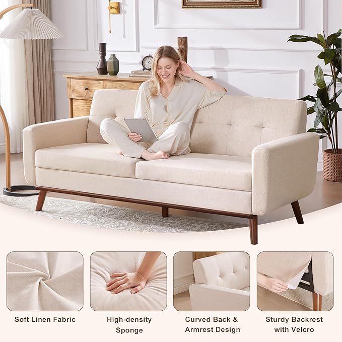 Kingfun 77.2" W Loveseat Sofa, Mid Century Modern Decor Love Seat Couches for Living Room, Button Tufted Upholstered Furniture, Easy to Install Small Couch for Bedroom Office Apartment, Oatmeal
