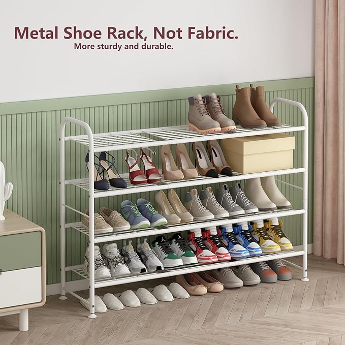 LINZINAR Shoe Rack Long 4 Tier Shoe Storage Organizer Metal Wide Shoe Shelf for Closet Entryway Bedroom 30 Paris Large Capacity, White