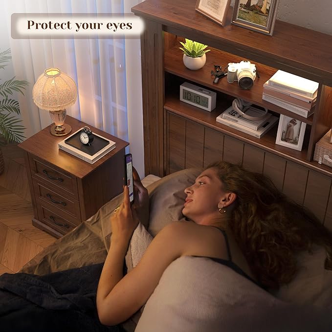 EnHomee King Size Bed Frame and Headboard & Storage,4 Drawers and LED Built in Charging Station King Bed Frame with Storage Farmhouse, NO Noise,No Box Spring Needed,Brown