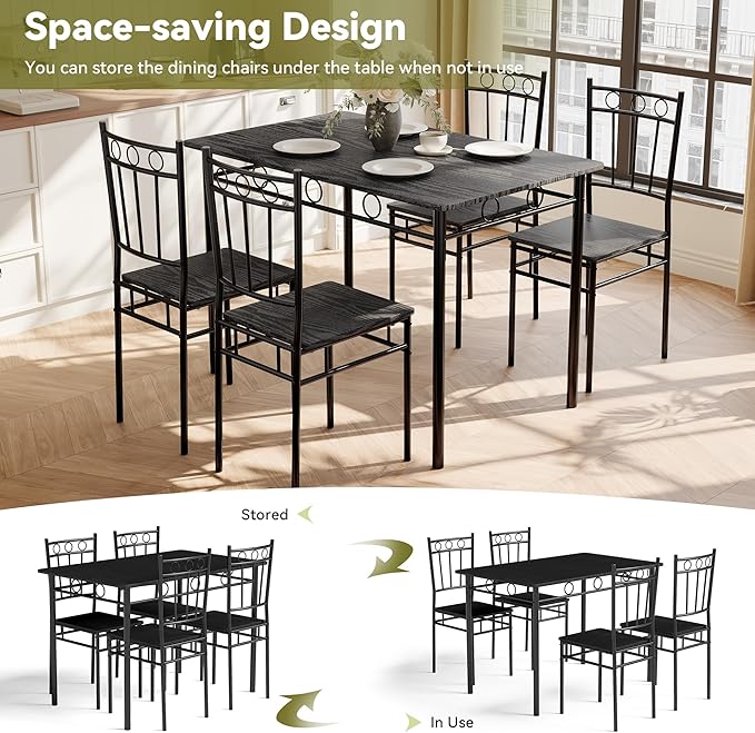 5 Piece Dining Table Set, Wood Kitchen Table and Chairs for Small Space,Breakfast Nook,Easy Assembly,Black