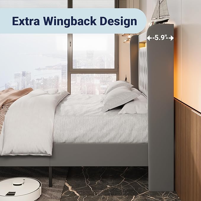 Allewie Upholstered Full Size Platform Bed Frame with LED Light and Charging Station, Button Tufted High Headboard, Wingback Design, Noise Free, Easy Assembly, No Box Spring Needed, Grey