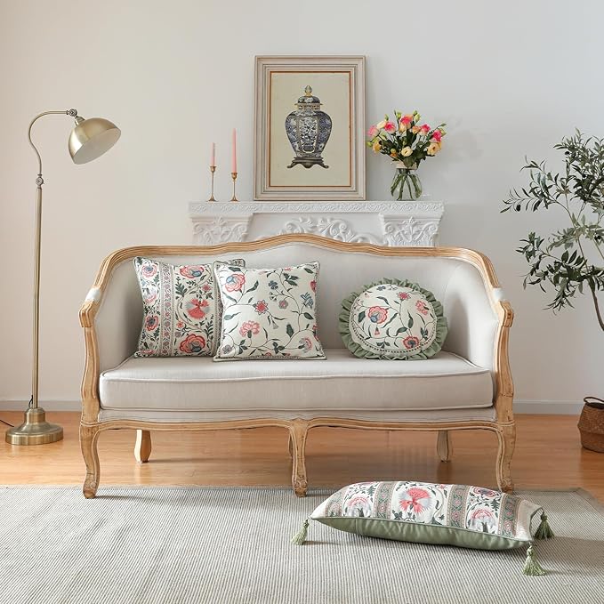 Design Lumbar Retro Elegance Linen Throw Pillow Covers 12"x28" Pack of 2, Green Pink Floral Pattern Cushion Covers Rectangle Decor Pillowcases for Bed,Living Room,Outdoor,Car