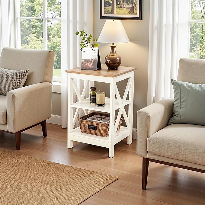 GREEN PARTY End Tables Living Room Set of 2,Side Tables with 3-Tier Storage Shelf, Small Nightstand for Bedroom, Wooden Frame,Small Coffee Table,White