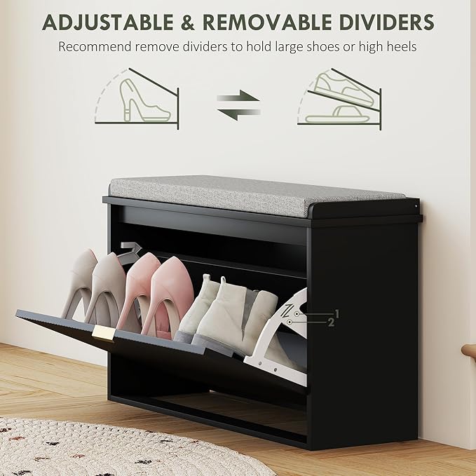HOMCOM Narrow Shoe Bench with Padded Seat Cushion and Flip-Drawer, Small Entryway Bench Holds up to 265lb, Shoe Cabinet, 31.5x10.2x18.7 Inches, Black