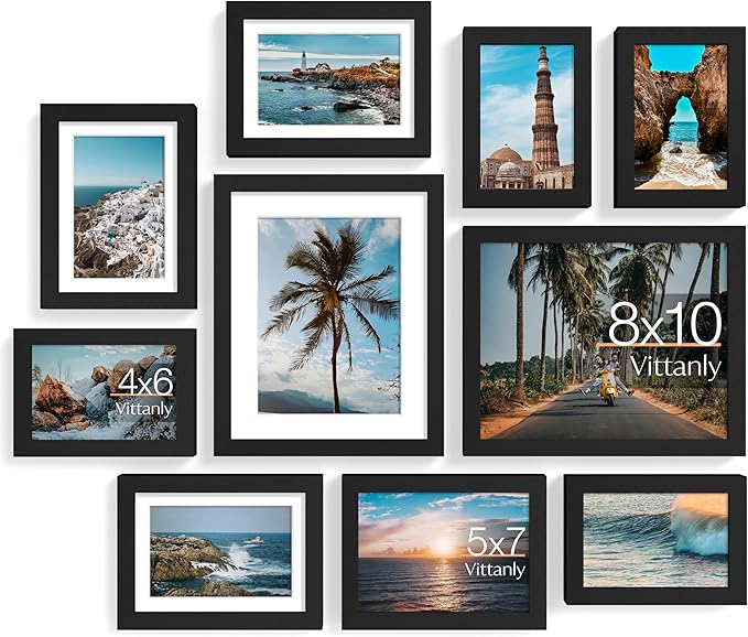 Vittanly 10 Pack Picture Frames Collage Wall Decor, Gallery Wall Frame Set for Wall or Tabletop Display, Engineered Wood and Shatter-resistant Plexiglass, Multi Sizes with 8x10, 5x7, 4x6 Frames, Black