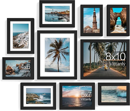 Vittanly 10 Pack Picture Frames Collage Wall Decor, Gallery Wall Frame Set for Wall or Tabletop Display, Engineered Wood and Shatter-resistant Plexiglass, Multi Sizes with 8x10, 5x7, 4x6 Frames, Black