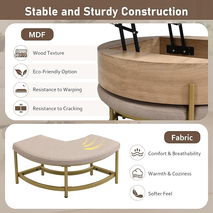 WILLIAMSPACE 31.5" Lift Top Coffee Table Set with Storage & 3 Upholstered Nesting Ottoman, Modern Round Marble Coffee Table Accent Center Table for Living Room, Apartment, White & Natural