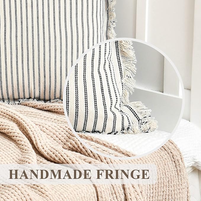ZWJD Throw Pillow Covers 26x26 Set of 2 Striped Pillow Covers with Fringe Chic Cotton Decorative Pillows Square Cushion Covers for Sofa Couch Bed Living Room Farmhouse Decor