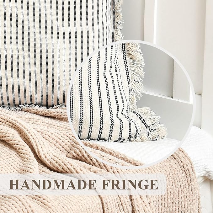 ZWJD Throw Pillow Covers 24x24 Set of 2 Striped Pillow Covers with Fringe Chic Cotton Decorative Pillows Square Cushion Covers for Sofa Couch Bed Living Room Farmhouse Decor