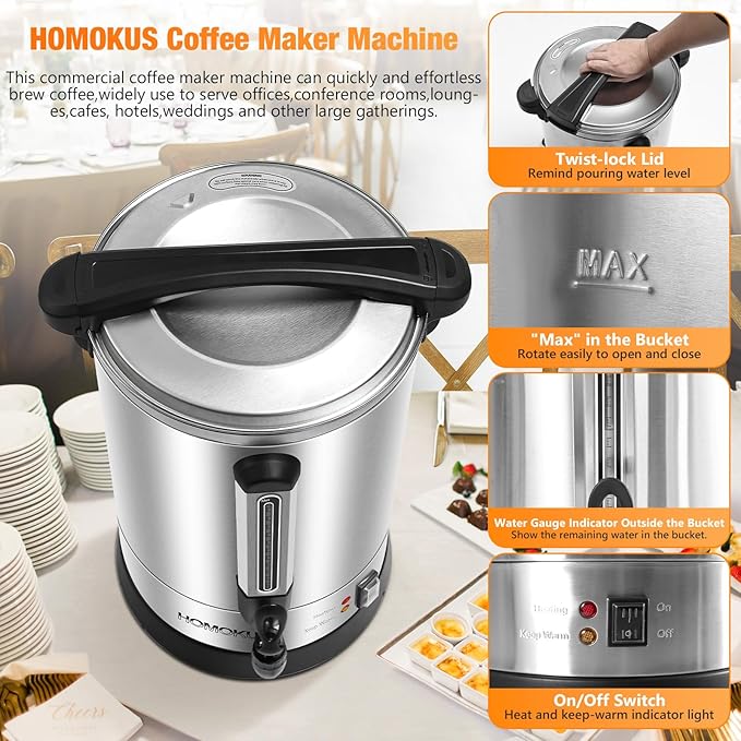 HOMOKUS Commercial Coffee Urn,14.2L Large Coffee Maker,100 Cup Double Wall Stainless Steel Coffee Dispenser,1500W Quick Brew Electric Coffee Percolator with Upgraded Internal Stage for Gathering