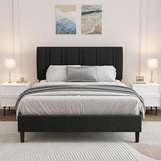 Full Bed Frame with Tufted Headboard, Upholstered Platform Bed with Adjustable Headboard, Fabric Bed Frame with Wooden Slats Support, No Box Spring Required, Easy Assembly, Black