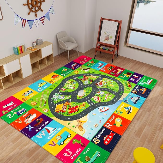 Kids Rugs Traffic Road Carpet Play Rug 78.7"×59" for Playroom Transportation ABC Educational Mat Alphabet Area Rug, Kids Playtime Collection Toddler Car Track Rug Cute Cartoon Animal Letters