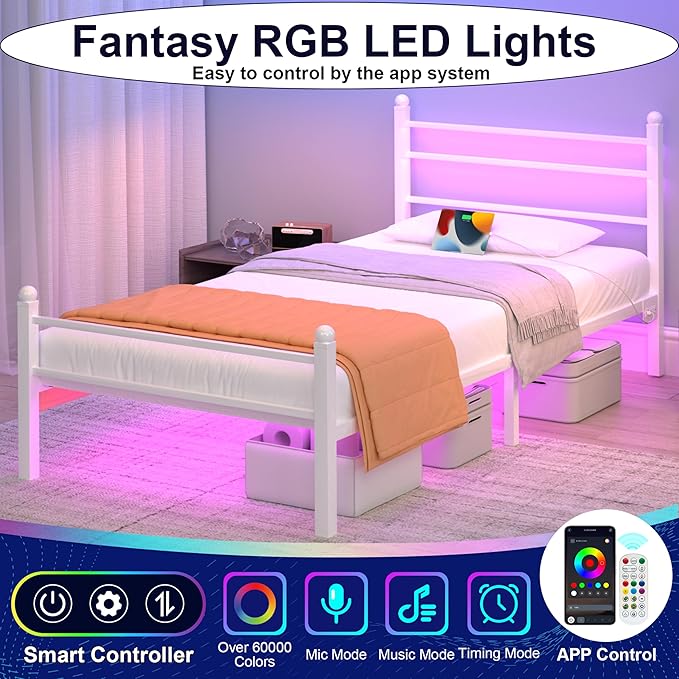Twin Bed Frame with LED Lights & Charging Station, Metal Platform Bed with Headboard, Heavy Duty Metal Slats, No Box Spring Needed, Noise Free, Easy Assembly, White