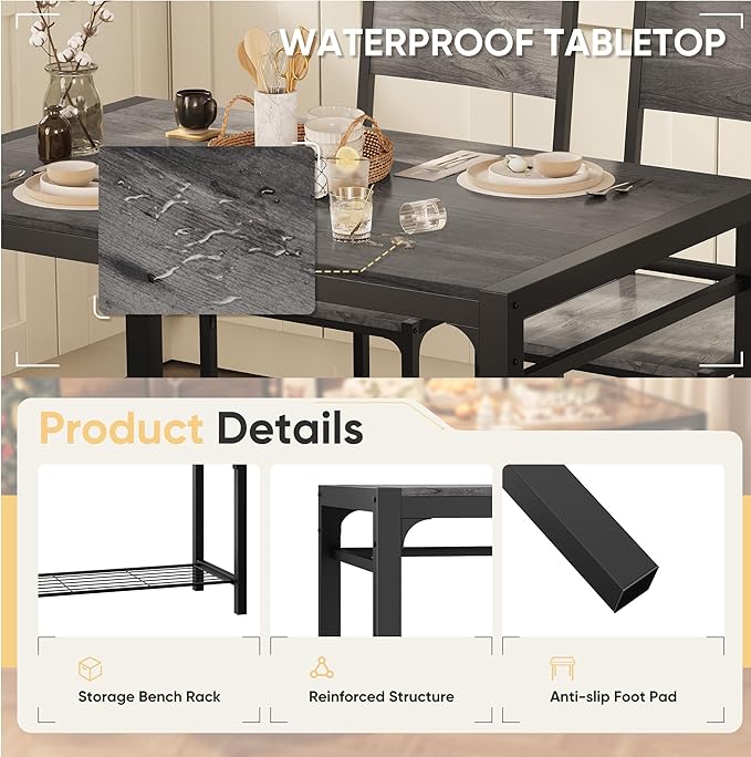 Shahoo Kitchen Table and 2 Chairs for 4 with Bench, 4 Piece Dining Sets for Small Space, Dark Grey
