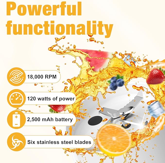 Portable Personal Blender 24oz Vacuum Cup Cordless Blender for 120 Watt Rechargeable Personal Size blender With Stainless Steel Bottle Ideal For-Shakes and Smoothies, BPA Free (White)