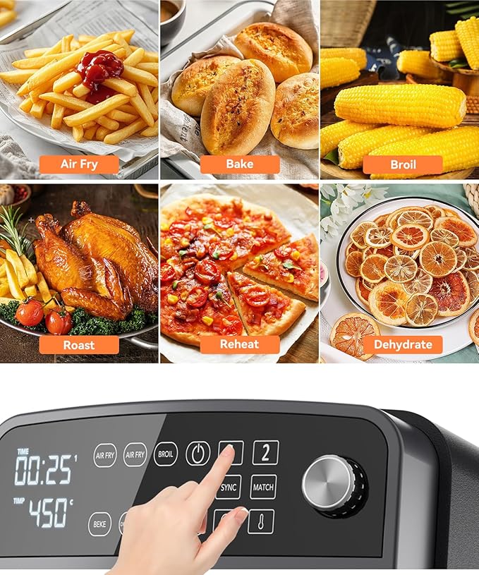 10QT Dual Layer Air Fryer Oven, 5QT×2 Capacity, Vertical 2-Basket Design, 7-in-1 Function with Broil, Roast, Bake, Reheat, Dehydrate, and Air Fry, Family Size, BPA-Free