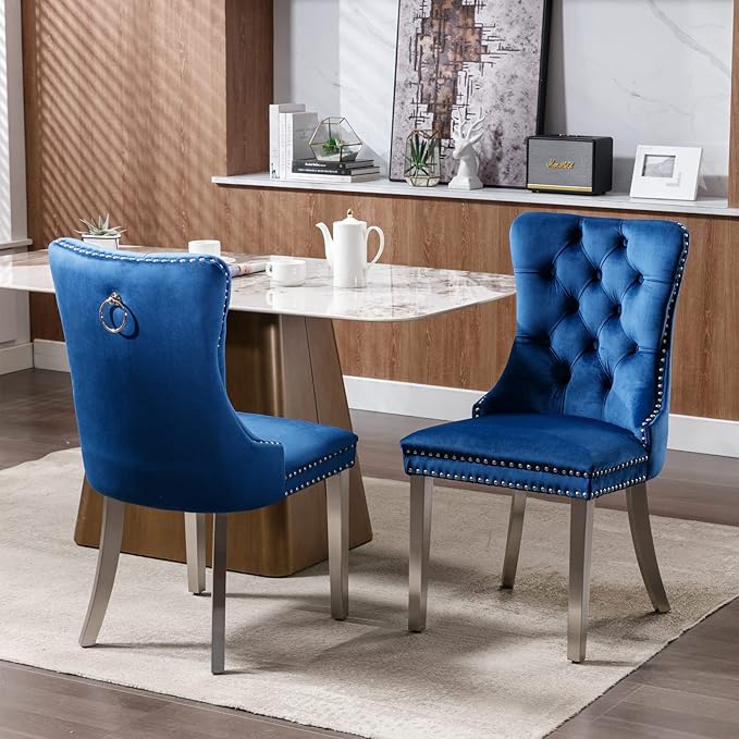 Goujxcy 70" Marble Dining Table Set for 6, Modern 7 Piece Dining Room Table Set with White Faux Marble Dining Table & 6 Blue Velvet Upholstered Chairs, Luxury Silver Kitchen Table Chairs Set of 6