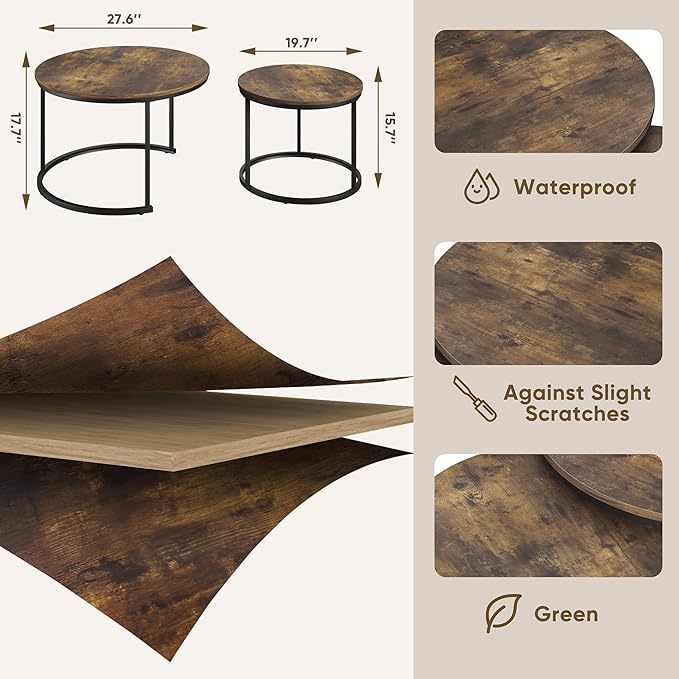 Smuxee Rustic Nesting Coffee Table Set of 2, 27.6" Round Coffee Table Wooden Marble Pattern with Adjustable Non-Slip Feet, Industrial End Table for Living Room Bedroom Balcony