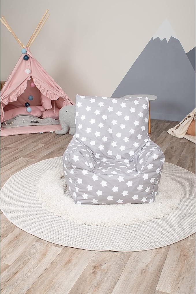 Delsit Children's Bean Bag Chair - Handmade in Europe - Lightweight & Portable Toddler Chair with Washable Cover - Comfortable & Fully Assembled - Perfect for Little Kids | Gray with Stars