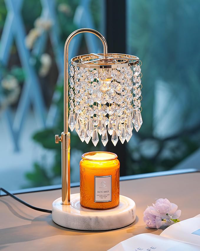 Candle Warmer Lamp with Timer Dimmer and 3 Bulbs, Lamp Candle Warmer with Marble Base for Adjustable Height, Crystal Candle Warmer Lamp for Jar Candles, House Warming Decor Gifts, French Gold
