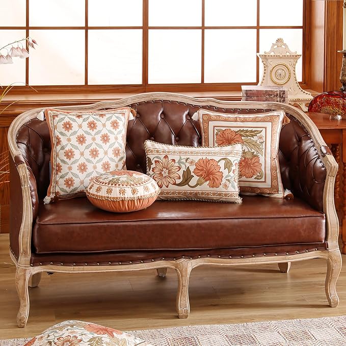 Throw Pillow Covers Pack of 4,Orange Floral Farmhouse with Wild Flowers Pattern Cozy Velvet Pillowcases,Decoration Square Lumbar Round Pillows Cushion Covers for Couch Bed Chair