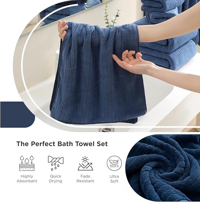 18 Piece Family Bath Towel Set Include 6 Bath Towels,6 Hand Towels and 6 Washcloths Soft Bathroom Towel with Hanging Loops,Highly Absorbent Quick Dry Towels Set for Bathroom,Hotel and Spa-Navy