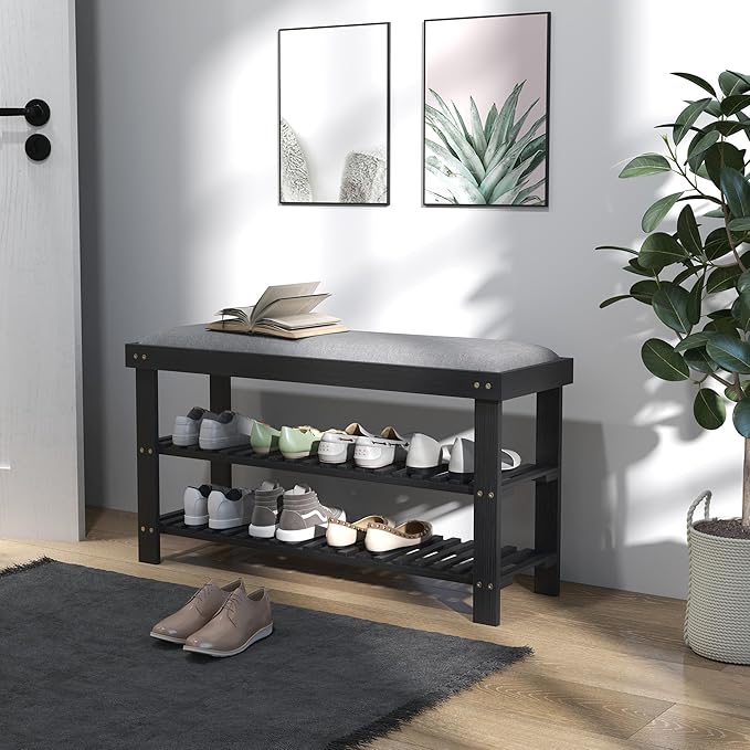 HOMCOM Bamboo Shoe Bench, 3-Tier Entryway Bench with Storage and Cushion, Shoe Organizer for Entryway, Hallway, Holds Up to 331 lbs, 35.4 x 11.4 x 19.3 Inches, Black