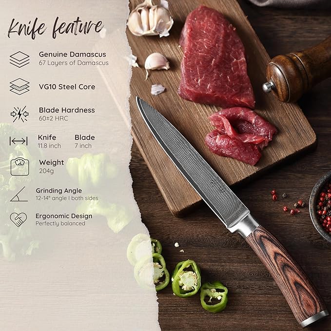 Wakoli EDIB Damascus Meat Knife – 7-inch blade made of 67 layers of Damascus steel with VG10 core, ergonomic Pakkawood Handle, for Meat, Fish, BBQ, Roasts & more – in Gift Box