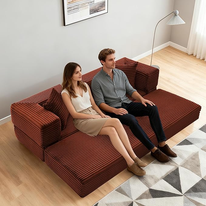 Sectional Boneless Couch Convertible Sofa Bed, 78'' Modular Sectional Sleeper Sofa with Removable Armrests & 3 Pillows, Small Floor Couch No Assembly Needed for Living Room, Office, Bedroom, Orange