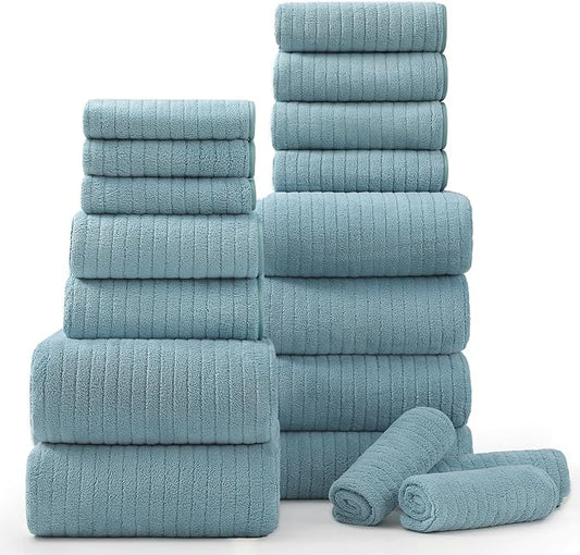 18 Piece Bath Towels Set,Soft Family Bathroom Towel Set with Hanging Loops-6 Bath Towels,6 Hand Towels,6 Washcloths,Highly Absorbent Quick Dry Shower Towel for Bathroom,Hotel,Spa-Turquoise Towel Set