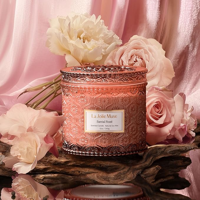 LA JOLIE MUSE Rose Candle, Scented Candles for Home, Large 2-Wick Soy Candles, Luxury Pink Candle Gifts for Women & Men, 60 Hours Long Burning, Santal Rose, 12oz