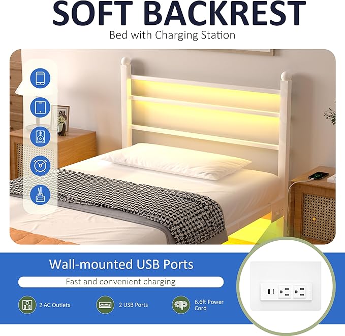 Twin Bed Frame with LED Lights & Charging Station, Metal Platform Bed with Headboard, Heavy Duty Metal Slats, No Box Spring Needed, Noise Free, Easy Assembly, White