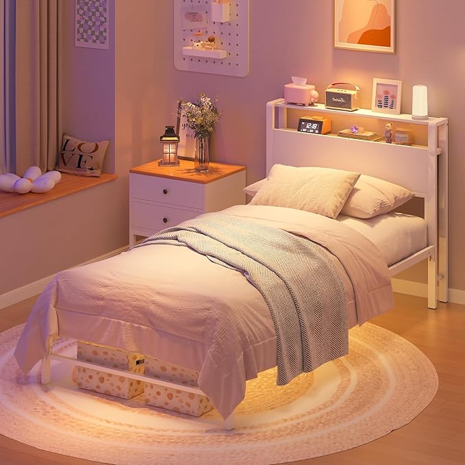 Weehom Twin Bed Frames for Kids, Twin Size Bed with 2 Tiers Wood Shelves Headboard No Box Spring Needed Easy Assembly Heavy Duty Metal Plaform, White