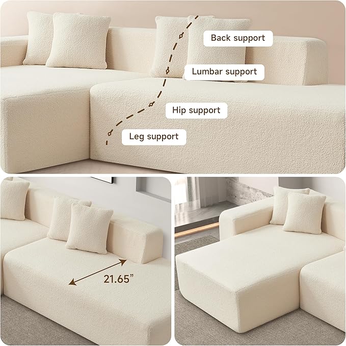 105'' Modular Sectional Couch, Modern L-Shape Sectional Sofa with Chaise Lounge, Comfy Lambswool Fabric Corner Sofa, Upholstered 4 Seater Couches for Living Room, Bedroom, Apartment, Beige