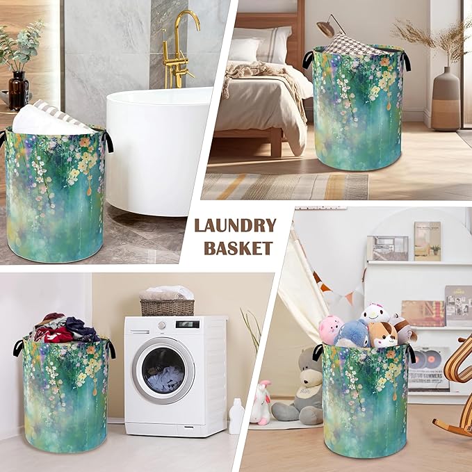 Abstract Flowers Laundry Basket,Spring Floral Collapsible Laundry Baskets with Handles,Waterproof Oxford Cloth Storage Basket 16"x20" for Bathroom/Bedroom/Dormitories